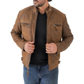 Men’s Vintage Brown Diamond Lambskin Waxed Leather Biker Jacket
